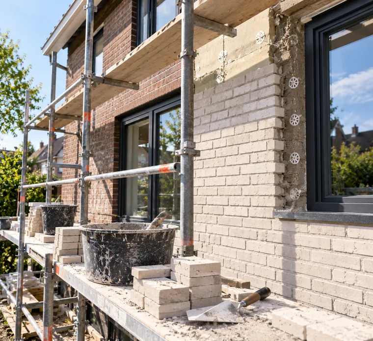 Gevel van metselwerk tijdens renovatie