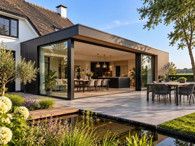 Moderne aanbouw met grote glazen pui aan de achterkant van een woning