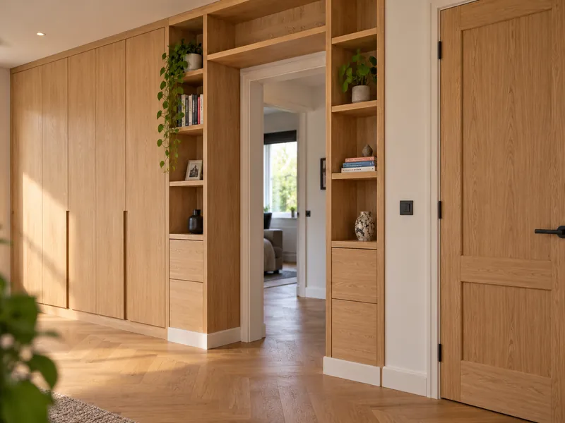 Eiken kastenwand met boekenvakken en een houten binnendeur in een lichte hal