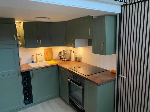 Kleine keuken met groene kastjes, een houten werkblad en een inductiekookplaat, met een lamellenwand ernaast